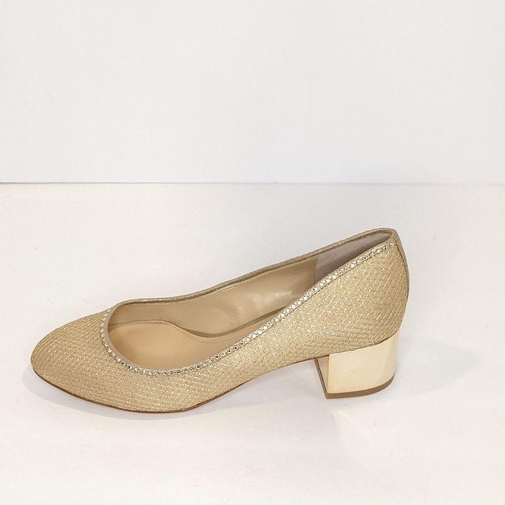 Gold Low Block Heel Pumps for Women - Picture 2 of 16